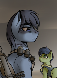 Size: 1280x1760 | Tagged: dead source, safe, artist:whitepone, oc, oc only, oc:p-21, oc:scotch tape, earth pony, pony, fallout equestria, fallout equestria: project horizons, father and daughter, female, filly, foal