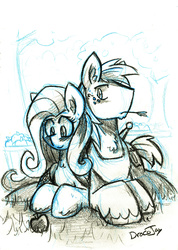 Size: 3936x5535 | Tagged: safe, artist:dracojayproduct, big macintosh, fluttershy, earth pony, pony, g4, absurd resolution, apple, blushing, male, prone, ship:fluttermac, shipping, smiling, stallion, straight, traditional art