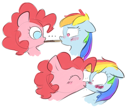 Size: 1239x1063 | Tagged: safe, artist:nobody, pinkie pie, rainbow dash, earth pony, pegasus, pony, g4, ..., blushing, boop, cute, embarrassed, female, floppy ears, kissing, lesbian, nose wrinkle, noseboop, pocky, pocky game, ship:pinkiedash, shipping, simple background, white background, wide eyes