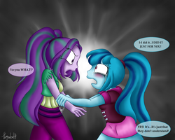 Size: 1024x819 | Tagged: safe, artist:queentigrel, aria blaze, sonata dusk, equestria girls, g4, blushing, clothes, crying, dialogue, female, lesbian, psychonata dusk, ship:arisona, shipping, skirt, yandere