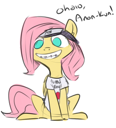 Size: 898x993 | Tagged: safe, artist:nobody, fluttershy, g4, scare master, anime, braces, clothes, female, flutternerd, implied anon, japanese, naruto, no pupils, offscreen character, otaku, otakushy, solo, t-shirt, weeaboo