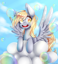 Size: 800x888 | Tagged: safe, artist:iponylover, derpy hooves, pegasus, pony, g4, bubble, cloud, cloudy, female, heart eyes, iridescence, mare, open mouth, sky, solo, spread wings, wingding eyes