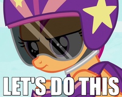 Size: 600x480 | Tagged: safe, edit, edited screencap, screencap, scootaloo, bloom & gloom, g4, cape, caption, clothes, determined, dialogue, female, helmet, image macro, let's do this, meme, reaction image, shoes, solo, stars, visor