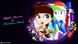 Size: 1920x1080 | Tagged: safe, artist:illumnious, artist:imperfectxiii, edit, rainbow dash, human, equestria girls, g4, acoustic guitar, ashleigh ball, back to back, blythe baxter, crossover, electric guitar, guitar, littlest pet shop, looking at each other, musical instrument, reference, signature, vector, voice actor joke, wallpaper, wallpaper edit