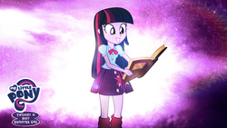 Size: 1920x1080 | Tagged: safe, artist:jackardy, twilight sparkle, equestria girls, g4, best human, book, emblem, female, logo, my little pony logo, smiling, solo, vector, wallpaper