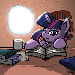 Size: 2304x2304 | Tagged: safe, artist:corsairsedge, twilight sparkle, alicorn, pony, g4, book, coffee, cup, female, grumpy twilight, high res, mare, reading, scrunchy face, solo, tongue out, twilight sparkle (alicorn)