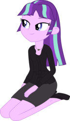 Size: 1184x2056 | Tagged: safe, artist:sketchmcreations, starlight glimmer, equestria girls, g4, alternate hairstyle, blouse, clothes, equestria girls-ified, female, high heels, kneeling, necklace, simple background, skirt, solo, transparent background