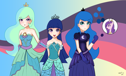 Size: 2000x1200 | Tagged: safe, artist:vanillafox2035, princess cadance, princess celestia, princess luna, twilight sparkle, human, canterlot boutique, g4, alicorn tetrarchy, clothes, dress, evening gloves, gloves, humanized, looking at you, open mouth, over the moon, princess dress, smiling, tripping the light