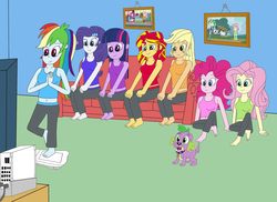 Size: 1024x745 | Tagged: safe, artist:equestriaguy637, applejack, fluttershy, pinkie pie, rainbow dash, rarity, spike, sunset shimmer, twilight sparkle, dog, equestria girls, g4, barefoot, belly button, clothes, feet, humane five, humane seven, humane six, midriff, spike the dog, tank top, twilight sparkle (alicorn), wii, wii fit