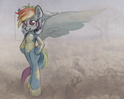 Size: 2948x2359 | Tagged: safe, artist:ruby, rainbow dash, pegasus, pony, semi-anthro, g4, belly button, bipedal, female, high res, mare, open mouth, solo, traditional art, watercolor painting, wonderbolts uniform