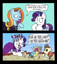 Size: 2480x2740 | Tagged: safe, artist:bobthedalek, pound cake, princess platinum, pumpkin cake, rarity, sassy saddles, pegasus, pony, unicorn, g4, rarity investigates, baby, bucket, candy, comic, diaper, high res, literal minded, lollipop, sandcastle, yelling