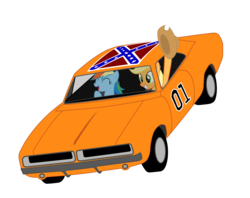 Size: 1820x1440 | Tagged: safe, artist:9x18, applejack, rainbow dash, pony, g4, airborne, car, confederate flag, dodge charger, dukes of hazzard, duo, female, general lee, hat, mare, simple background, transparent background, vector, vehicle