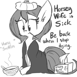 Size: 806x806 | Tagged: safe, artist:tjpones, oc, oc only, oc:brownie bun, earth pony, pony, horse wife, backwards thermometer, blanket, brownie bun without her pearls, cold, descriptive noise, horse noises, hot water bottle, ice pack, meme, monochrome, red nosed, sick, sniffling, solo, soup, thermometer, tissue, tissue box, tumblr