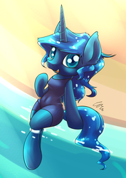 Size: 1280x1810 | Tagged: safe, artist:lovelyneckbeard, princess luna, alicorn, semi-anthro, g4, clothes, female, looking at you, one-piece swimsuit, open mouth, solo, swimsuit, water