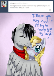 Size: 850x1200 | Tagged: dead source, safe, artist:evomanaphy, oc, oc only, oc:evo, oc:primaryforce, pegasus, pony, ask, clothes, compliment, explicit source, freckles, hug, scarf, stubble, tumblr, winghug