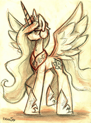 Size: 1600x2174 | Tagged: safe, artist:dracojayproduct, princess celestia, g4, female, hair over one eye, raised hoof, smiling, solo, spread wings, traditional art