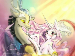 Size: 800x600 | Tagged: safe, artist:cassiel, discord, princess celestia, g4, :t, blushing, cuddling, eye contact, female, floppy ears, grin, hug, male, pink mane, pink-mane celestia, ship:dislestia, shipping, smiling, snuggling, spread wings, straight