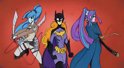 Size: 2409x1329 | Tagged: safe, artist:ilacavgbmjc, adagio dazzle, aria blaze, sonata dusk, equestria girls, g4, attack on titan, batgirl, clothes, cosplay, costume, devil may cry, devil may cry 3, the dazzlings, vergil (devil may cry), yamato (devil may cry)