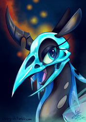 Size: 842x1191 | Tagged: safe, artist:chirpy-chi, oc, oc only, oc:queen chalybeous, changeling, changeling queen, blue changeling, changeling oc, changeling queen oc, clothes, costume, female, nightmare night costume, skull, solo