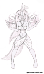 Size: 700x1179 | Tagged: source needed, safe, artist:sparkdraws, queen chrysalis, changeling, changeling queen, anthro, unguligrade anthro, g4, breasts, busty queen chrysalis, female, magic, monochrome, sketch, traditional art