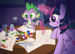 Size: 1194x854 | Tagged: safe, artist:dsana, spike, twilight sparkle, alicorn, pony, g4, art supplies, concentrating, crystal castle, female, mare, painting, tongue out, twilight sparkle (alicorn)