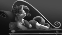 Size: 2560x1440 | Tagged: safe, artist:joellethenose, rarity, pony, unicorn, g4, rarity investigates, clothes, couch, detective, detective rarity, draw me like one of your french girls, dress, eyes closed, fainting couch, female, grayscale, mare, monochrome, signature, smiling, solo