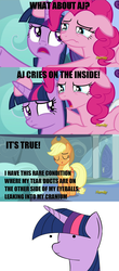 Size: 1276x2902 | Tagged: safe, screencap, applejack, pinkie pie, twilight sparkle, g4, tanks for the memories, image macro, literal metaphor, meme, too much information