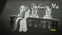 Size: 500x281 | Tagged: safe, edit, edited screencap, screencap, legion stalk, noble crest, rainbow dash, rarity, spearhead, g4, rarity investigates, animated, butt, discovery family logo, draw me like one of your french girls, female, monochrome, plot, royal guard, seduce me