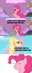 Size: 1276x2904 | Tagged: safe, edit, edited screencap, screencap, fluttershy, pinkie pie, g4, the return of harmony, chaos, chocolate, chocolate rain, cloud, comic, cotton candy, cotton candy cloud, discorded landscape, food, image macro, implied poop eating, meme, not chocolate, poop joke, rain, screencap comic, toilet humor, tongue out, too much information