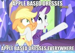 Size: 1035x736 | Tagged: safe, screencap, applejack, rarity, g4, made in manehattan, season 5, :t, apples and apple accessories, fashion, floppy ears, image macro, meme, open mouth, puffy cheeks, smiling, that pony sure does love fashion, wide eyes, x x everywhere