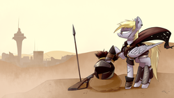 Size: 1920x1080 | Tagged: safe, artist:underpable, derpy hooves, pegasus, pony, g4, armor, badass, caesar's legion, cape, clothes, commission, crossover, epic derpy, fallout, fallout: new vegas, female, gun, helmet, lever action rifle, mare, piercing, rifle, scar, solo, spear, weapon