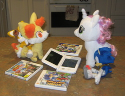 Size: 2419x1844 | Tagged: safe, artist:cheerbearsfan, sweetie belle, braixen, fennekin, pony, unicorn, g4, 3ds, 3ds xl, crossover, foxes riding foxes, irl, male, miles "tails" prower, photo, plushie, pokémon, riding, sonic boom, sonic generations, sonic lost world, sonic the hedgehog, sonic the hedgehog (series), tails riding braixen