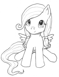 Size: 2150x2800 | Tagged: safe, artist:bigmacintosh2000, fluttershy, pegasus, pony, g4, alternate hairstyle, colorless, cute, female, filly, filly fluttershy, high res, looking at you, looking up, monochrome, pigtails, shyabetes, simple background, sitting, smiling, solo, traditional art, white background
