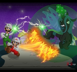 Size: 2340x2183 | Tagged: safe, artist:brodogz, queen chrysalis, g4, barrier, commission, crossover, fight, fire, fire luigi, fire mario, high res, lightning, luigi, magic, male, mario, nintendo, super mario bros., versus