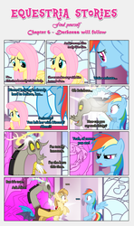 Size: 1919x3245 | Tagged: safe, artist:estories, discord, fluttershy, rainbow dash, oc, oc:alice goldenfeather, draconequus, pegasus, pony, comic:find yourself, g4, comic, halo, holding a pony, teleportation
