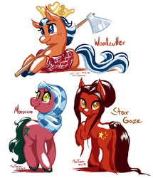 Size: 773x900 | Tagged: safe, artist:taritoons, oc, oc only, oc:star gaze, oc:woodcutter, china, morocco, nation ponies, norway, ponified