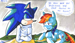 Size: 527x299 | Tagged: safe, artist:general-radix, rainbow dash, g4, crossover, male, pony pet, smug, sonic the hedgehog, sonic the hedgehog (series), traditional art