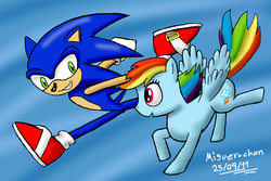 Size: 1200x800 | Tagged: safe, artist:migueruchan, rainbow dash, g4, crossover, male, sonic the hedgehog, sonic the hedgehog (series)