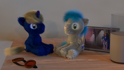 Size: 1920x1080 | Tagged: safe, artist:percytechnic, oc, oc only, oc:math millien, oc:percy technic, 3d, blender, fluffy, goggles, irl, photo, picture frame, plushie, table