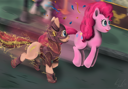 Size: 2150x1500 | Tagged: safe, artist:cryptic-dash, pinkie pie, oc, g4, confetti, flash, hopping, ponified, running