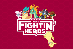 Size: 620x413 | Tagged: safe, artist:lauren faust, arizona (tfh), oleander (tfh), paprika (tfh), pom (tfh), tianhuo (tfh), velvet (tfh), alpaca, cow, deer, lamb, longma, pony, reindeer, sheep, unicorn, them's fightin' herds, abstract background, community related, fightin' six, red background, simple background, upside down