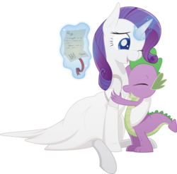 Size: 3316x3276 | Tagged: safe, artist:emkay-mlp, rarity, spike, g4, clothes, dress, female, happy birthday, high res, hug, letter, male, ship:sparity, shipping, simple background, straight, transparent background