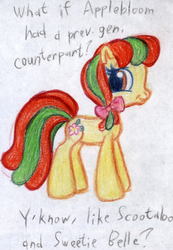 Size: 1577x2275 | Tagged: safe, artist:colossalstinker, apple bloom, g3, g3.5, g4, female, g4 to g3.5, generation leap, solo, text, traditional art
