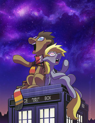 Size: 800x1035 | Tagged: safe, artist:crikeydave, derpy hooves, doctor whooves, time turner, earth pony, pegasus, pony, g4, clothes, crossover, doctor who, female, fourth doctor's scarf, male, mare, scarf, stallion, striped scarf, tardis, the doctor