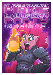 Size: 800x1132 | Tagged: safe, artist:crikeydave, pinkie pie, earth pony, pony, g4, armor, bipedal, crossover, female, hand, magic, magic hands, mare, mass effect, n7, open mouth, solo, starry eyes, thumbs up, wingding eyes