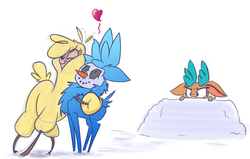 Size: 1100x700 | Tagged: safe, artist:heir-of-rick, paprika (tfh), velvet (tfh), alpaca, deer, reindeer, them's fightin' herds, community related, duo, eyes closed, female, heart, hiding, hug, sketchlines visible, snowpony, sweat, sweatdrop