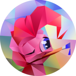 Size: 400x400 | Tagged: safe, artist:cannibalus, pinkie pie, g4, cubism, female, logo, modern art, mouth hold, one eye closed, paint, paintbrush, portrait, solo