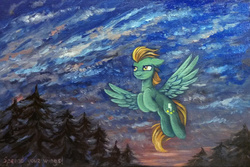 Size: 2015x1344 | Tagged: safe, artist:dragonataxia, lightning dust, pegasus, pony, dusk, female, flying, oil painting, sky, smiling, solo, traditional art