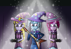 Size: 1280x884 | Tagged: safe, artist:cheesybroccoligirl, artist:polishcrossoverfan, fuchsia blush, lavender lace, trixie, equestria girls, g4, my little pony equestria girls: rainbow rocks, background human, female, trixie and the illusions