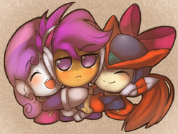 Size: 1600x1200 | Tagged: safe, artist:thegreatrouge, apple bloom, scootaloo, sweetie belle, g4, alouette, ciel (rockman series), crossover, cutie mark crusaders, hug, mega man (series), megaman zero, unamused, zero (rockman series)